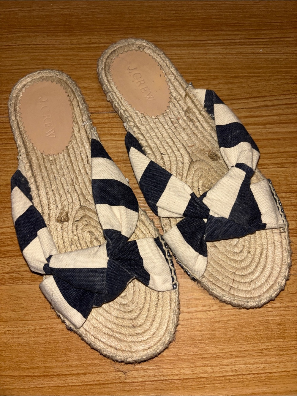 J. Crew Navy and White Striped Knotted Espadrille Slides